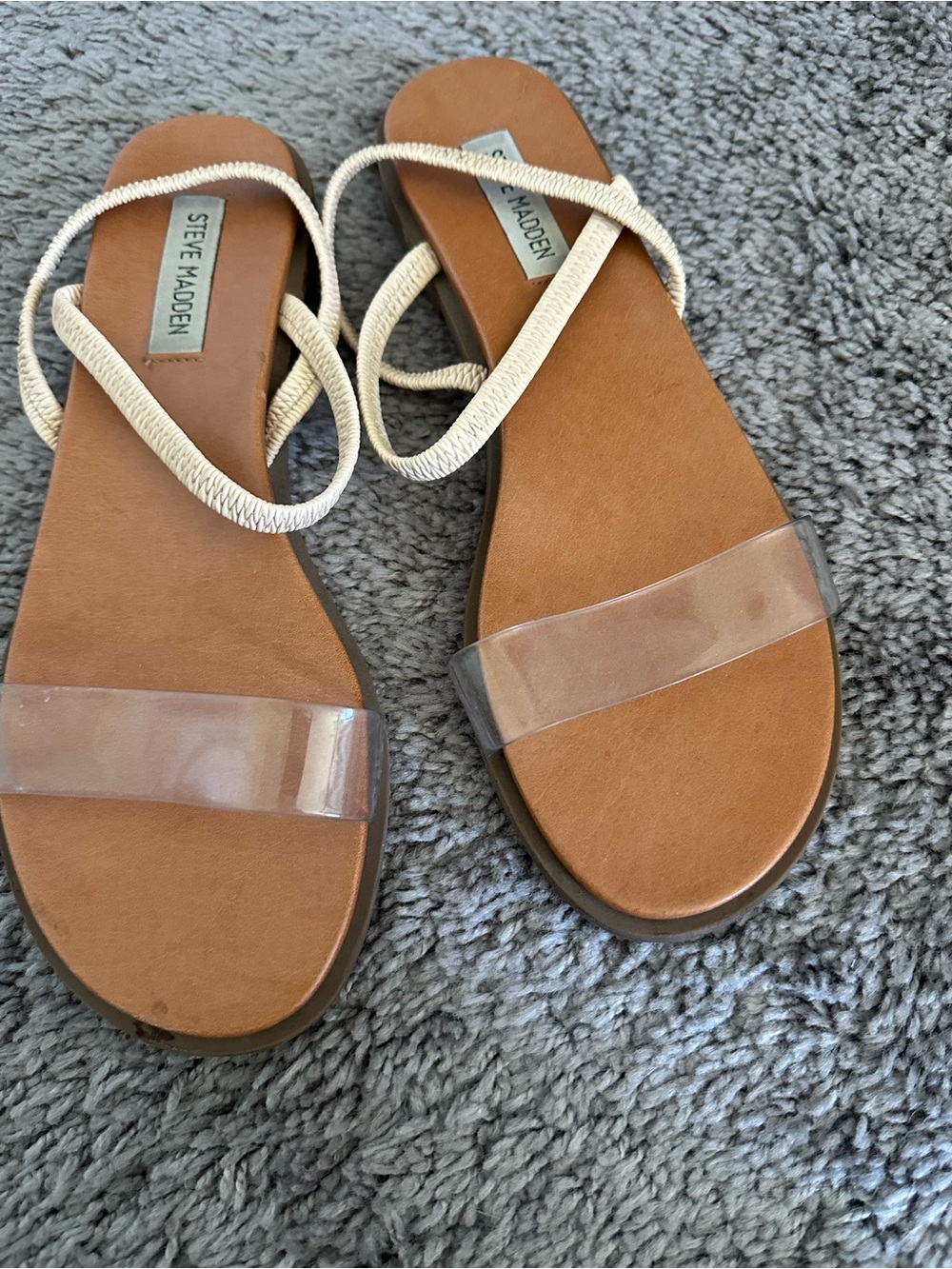 Steve Madden Tan Footbed Sandals with Clear Strap and Cream Wrap